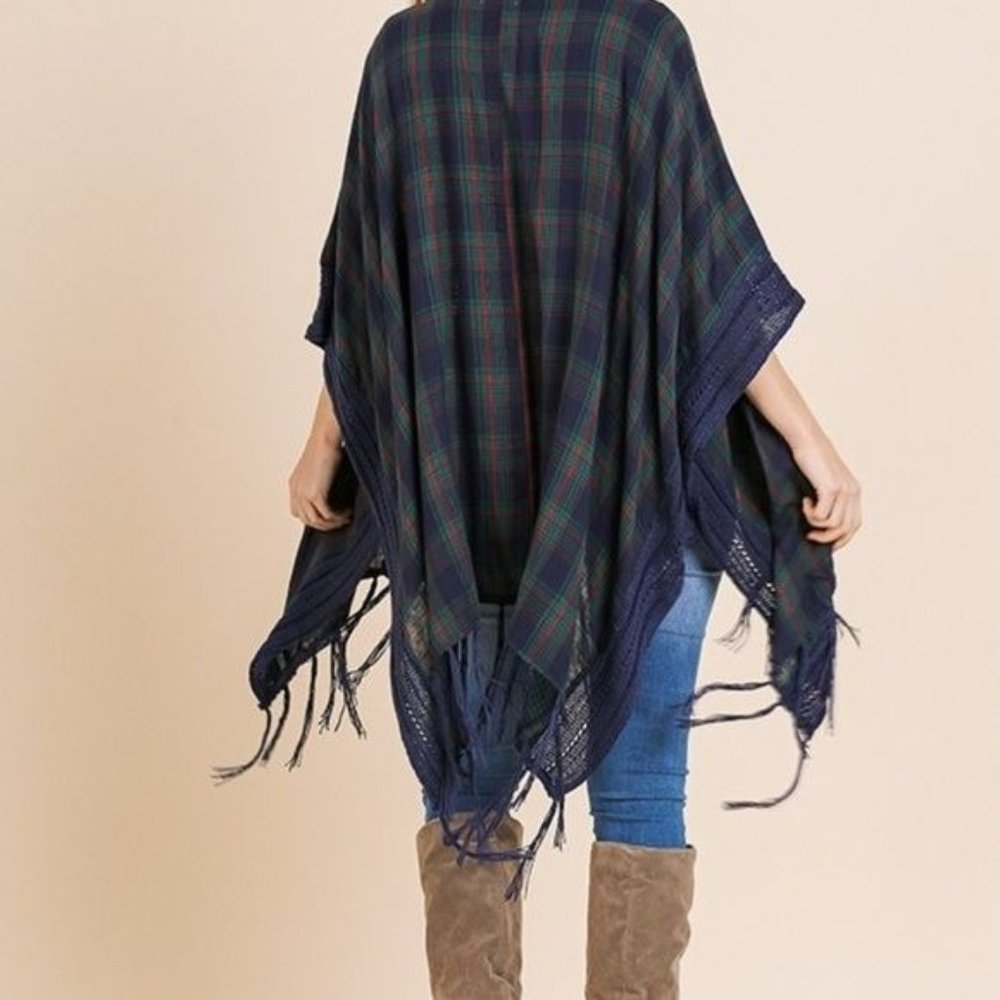 Boutique Umgee Womens Green Plaid Fringe Tie Front Kimono Cardigan (S/M) (M/L) - Picture 5 of 8